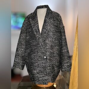 H&M Black White Bouclé Tweed Oversized Jacket 14 Cocoon Chanel Vibes one Button